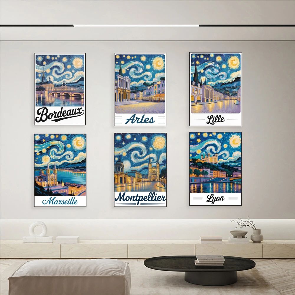 Arles, Paris, Marseille, Lyon, Toulouse, Nantes, Strasbourg, Bordeaux, Nice, Lille Van Gogh style starry night scenery poster