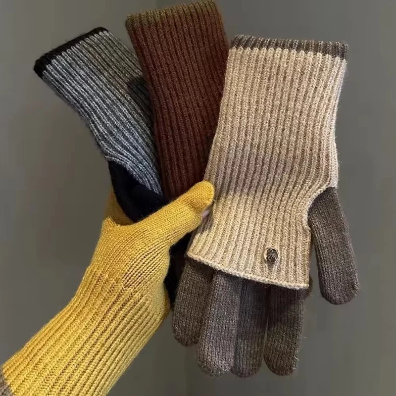 Koreanische Gestrickte Touchscreen Handschuhe frauen Spleißen Farbe Vielseitig Mode Zwei Finger Dicke Warme Outdoor Skifahren Plüsch Handschuhe