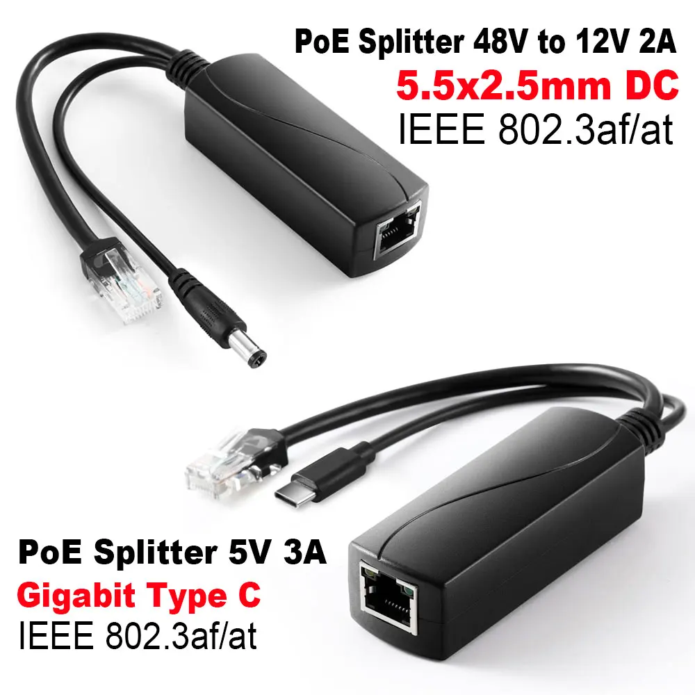 Gigabit Type C PoE Splitter 5V 3A, IEEE 802.3af Standard, 10/100/1000Mbps Type C Power Over Ethernet Splitter for 5v Devices DC