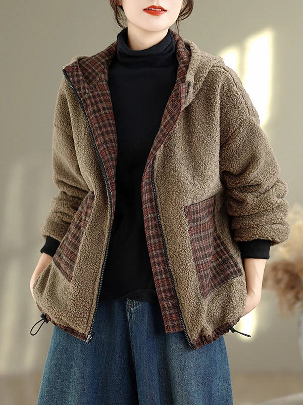 

2025 Winter Plaid Fleece Lined Thickened Hooded Casual Versatile Anti Aging Slimming Cotton Jacket Women's Outerwear