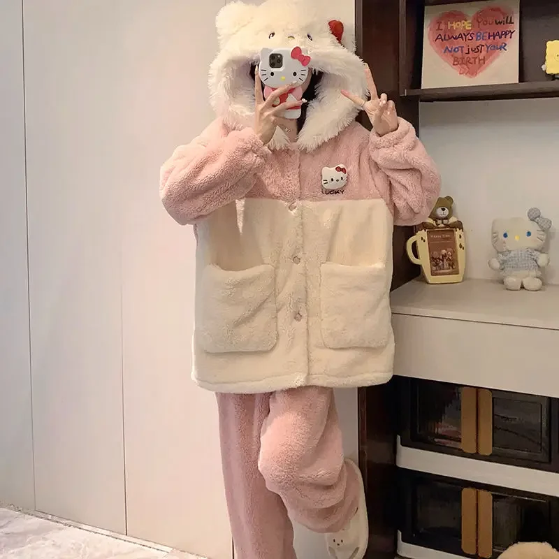 

Hello Kitty Anime Kawaii MINISO Fashion Coral Velvet Thickened Jacket Pants Set Cinnamoroll Ins Cartoon Coat Clothing Gifts Toys