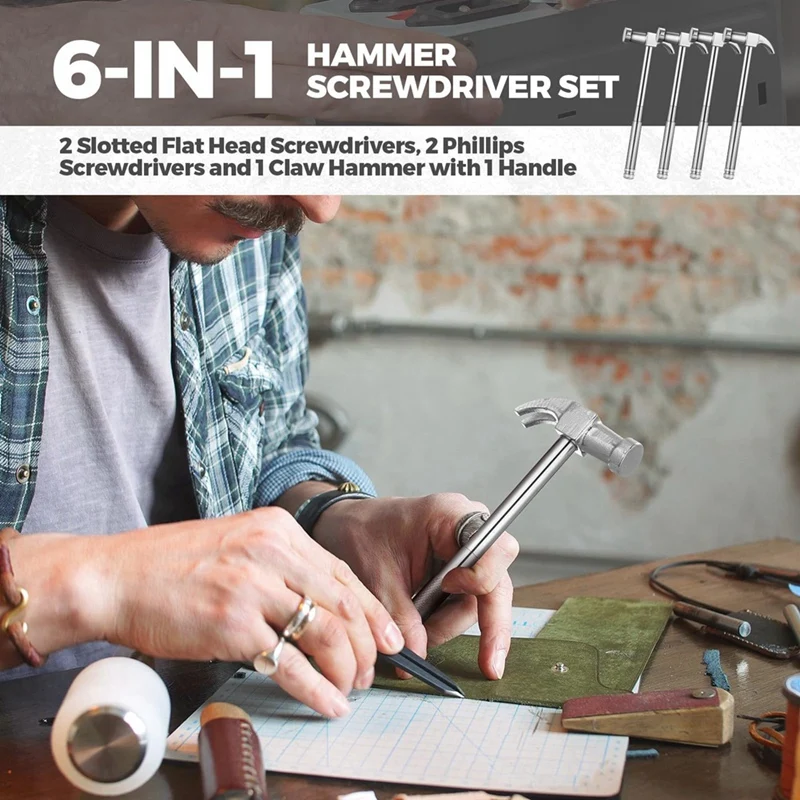 2025 New 4 Pcs 6-In-1 Hammer Screwdriver Set With Multitool Hammer Small Metal Hammer & Screwdriver For Repair Phones, Watches
