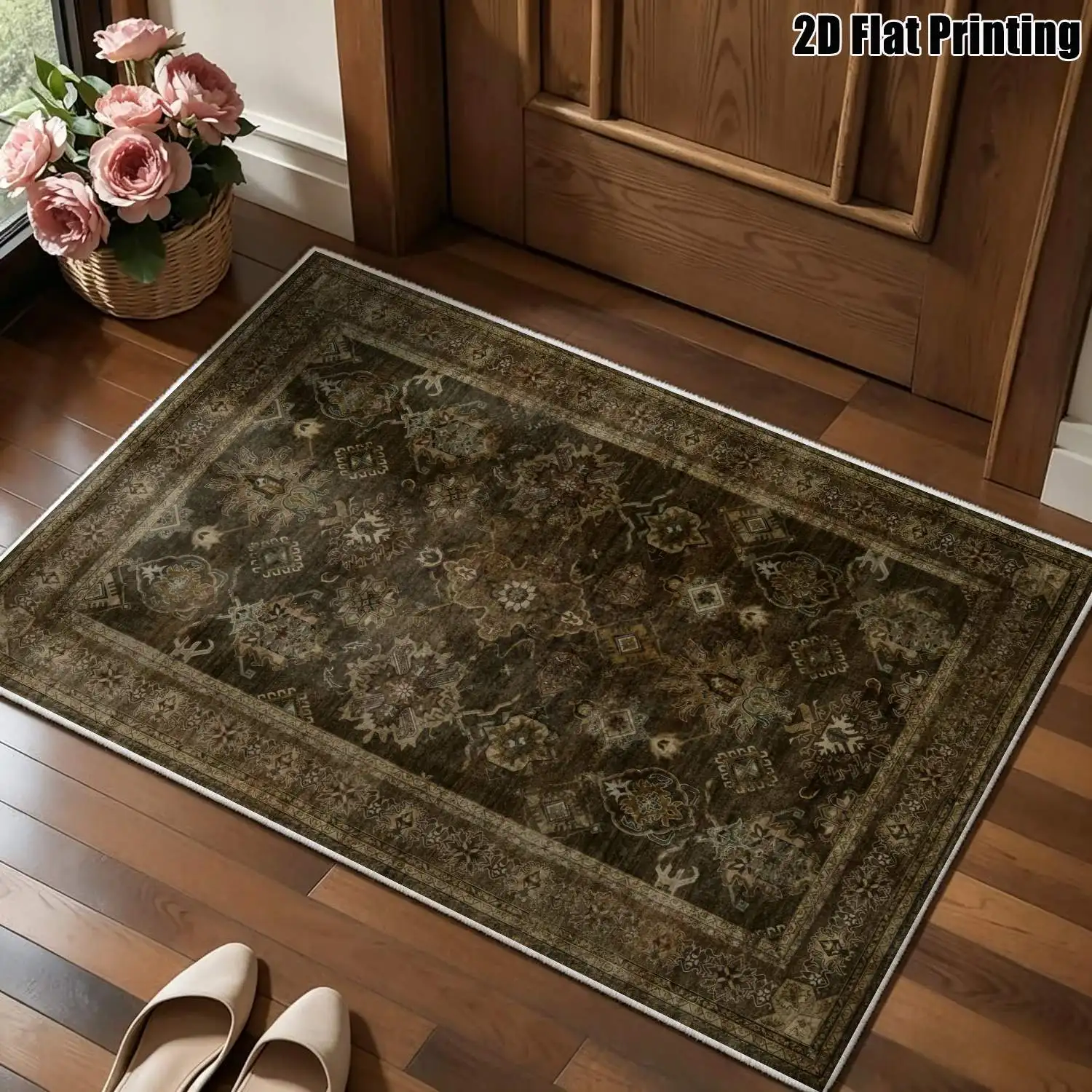 1Pc 2D Printed Retro Brown-Khaki Geometric Velvet Carpet, Multi-Size, Machine-Washable, for Home Multi-Scene Use