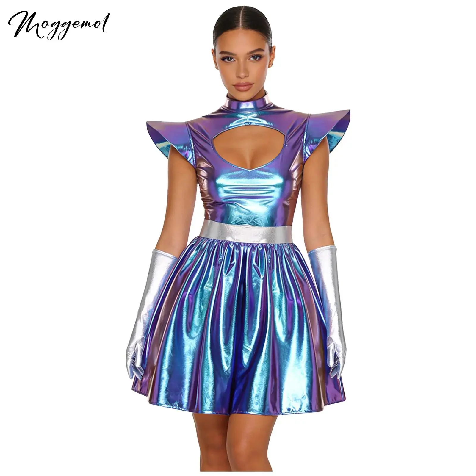 

Womens Outerspace Astronaut Alien Robot Cosplay Metallic Dress with Gloves Futuristic Dress for Theme Party Halloween Carnival