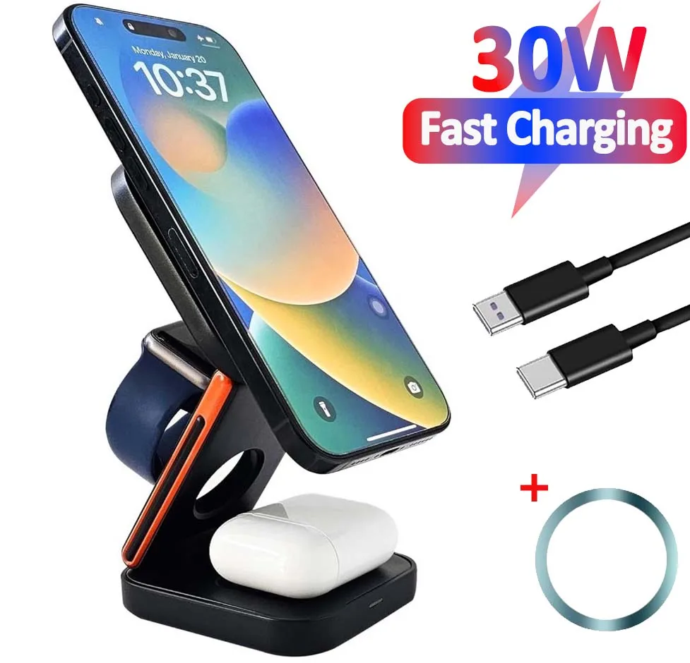 3 in 1 Foldable Magnetic Wireless Charger Stand 30W Fast Charging Station for iPhone 16 15 14 13 12 iWatch 10-2 Airpods Pro Max