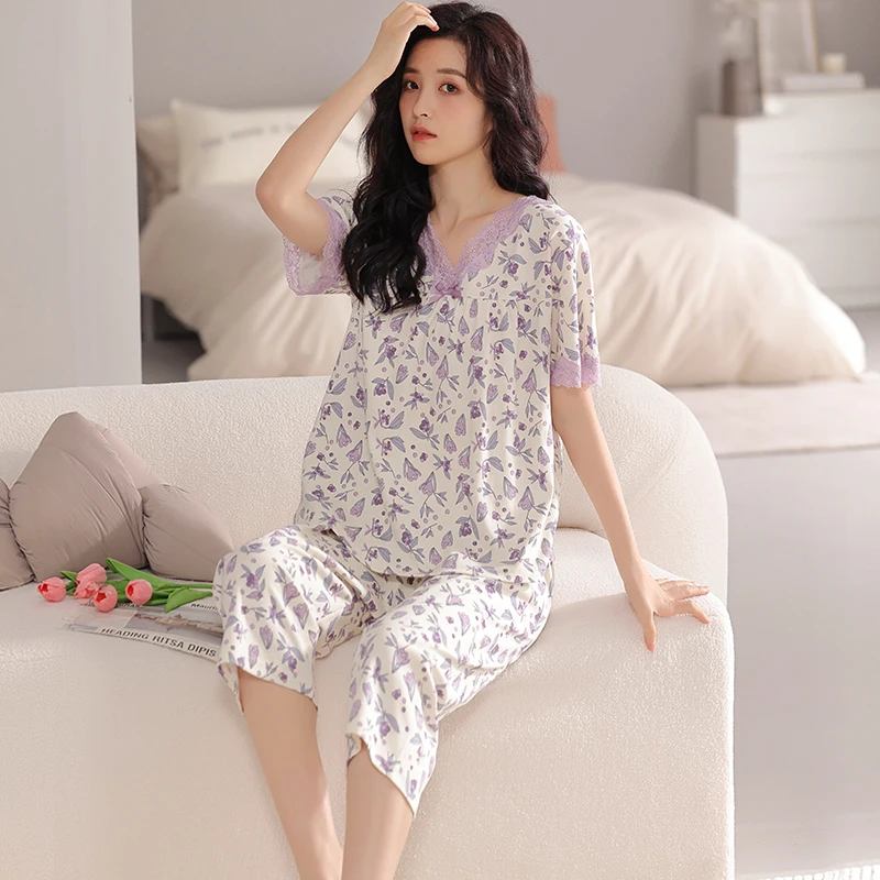 Summer M-4XL Women Pajamas Set Modal Pijama Two Pieces Set Womens Floral Pyjamas Female Nightwear