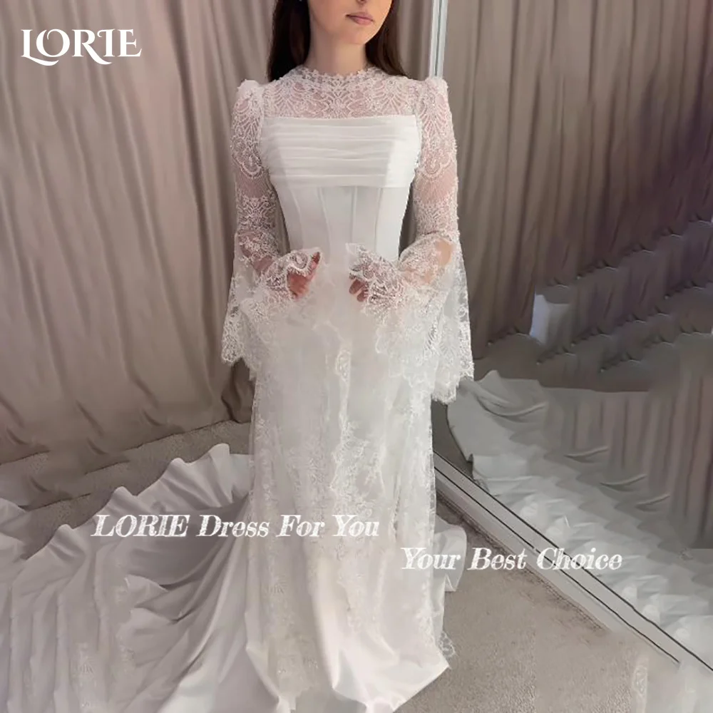 

LORIE Flared Sleeve A-Line Wedding Dress High Neck Lace Appliques Bridal Gown Customized Backless Bride DressSaudi Dress Dubai