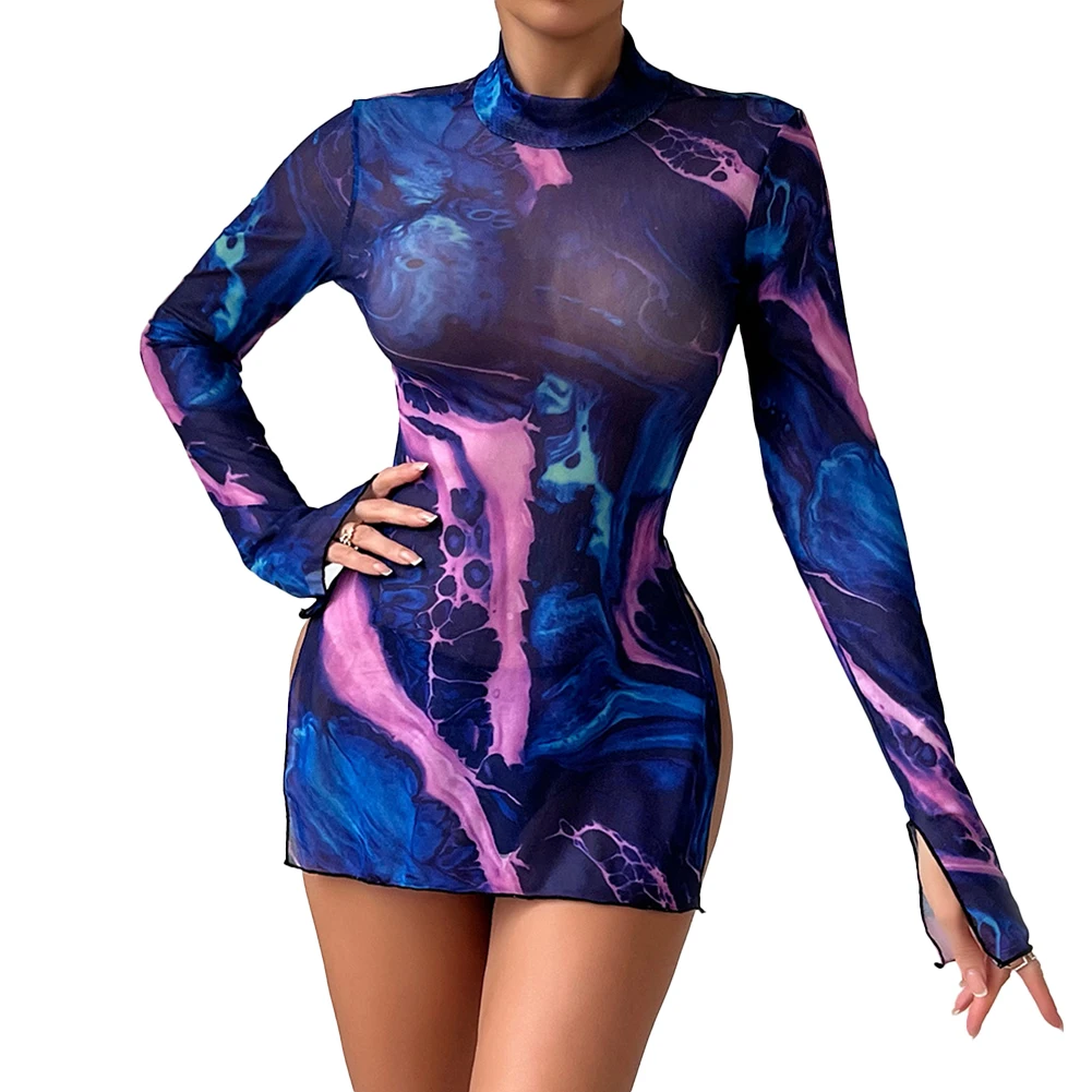 Womens Y2k Bodycon Dresss Sexy Turtleneck Mesh Breathable Tie-Dye See-Through High Side Slits Dress Set Party Club Dress Vestido