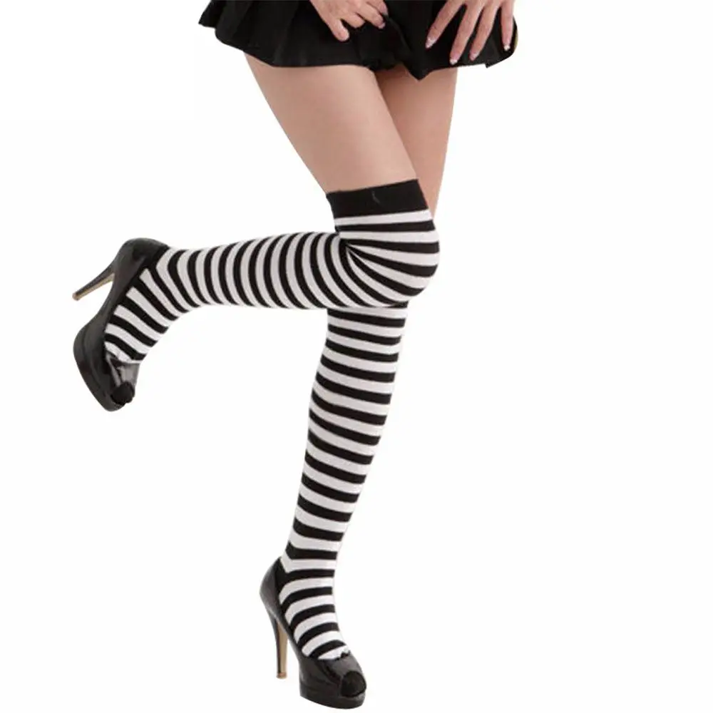 

Hot Selling Trendy New Black White Striped for Women Ladies Autumn Winter Long Socks Stockings Thigh High Over The Knee Socks