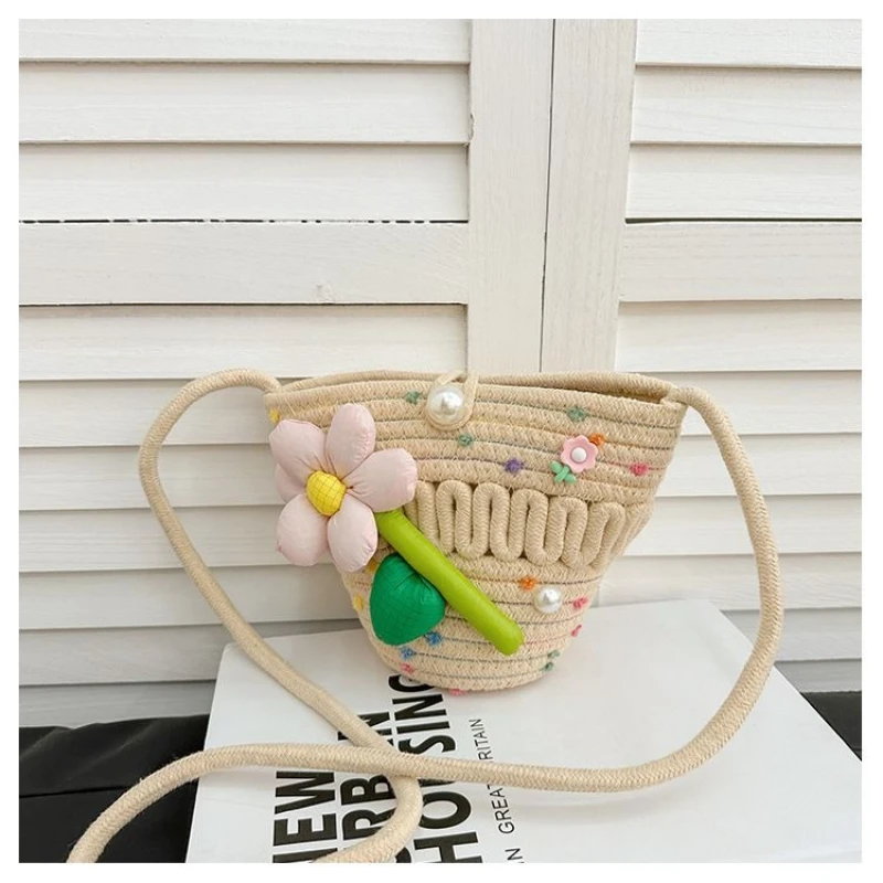 Beige Pink Purple Woven Straw Shoulder Bag Cute Cartoon Flower Smiley Face Pendant Pearl Decor Crossbody Purse for Girls Kids