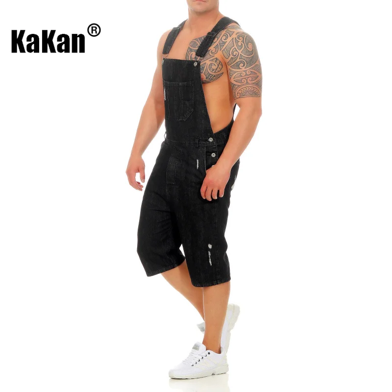 Kakan - European and American New Vintage Perforated Capris Sling Jeans for Men, Light Blue Black Strap One Piece Jeans K34-0025
