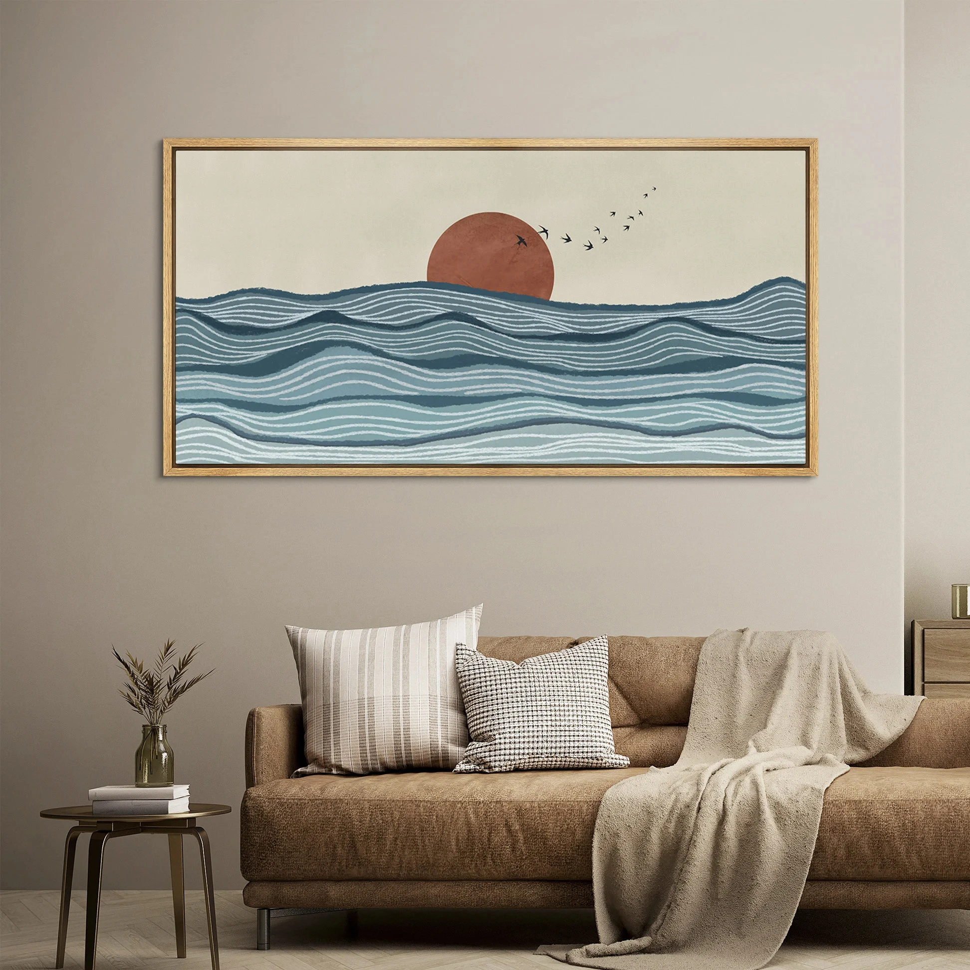 Boho Abstract Sea Wave Canvas Print, Large Horizontal Terracotta Sunset Flying Birds Artwork, Modern Minimalist Room Wall Decor