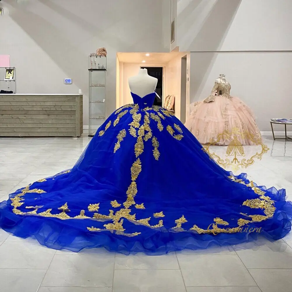 ANGELSBRIDEP gaun Quinceanera biru Royal gaun emas Applqiue renda manis 16 gaun Prom vestidos de 15 Anos gaun Formal disesuaikan