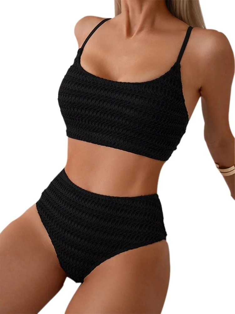 Bikini para mujer, traje de baño 2025, nuevo conjunto de Bikinis lisos con tirantes, traje de baño Sexy de cintura alta, conjunto de 2 piezas para verano, ropa de playa, traje de baño para mujer