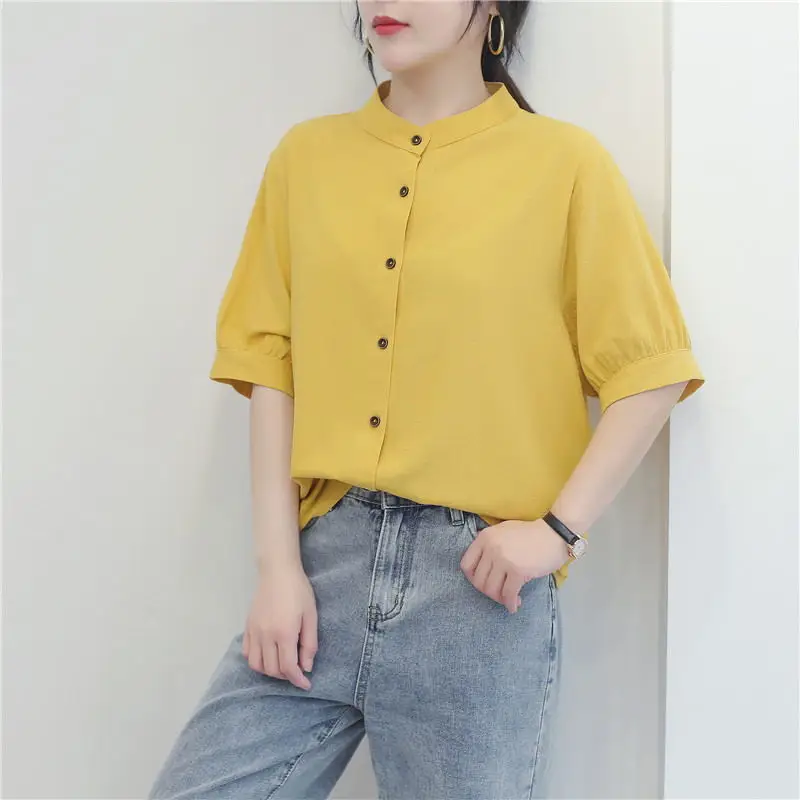 Women Summer Vintage Simplicity Loose Solid Color Appear Thin O-neck Short Sleeve Shirts Women Clothes Fashion All-match Tops