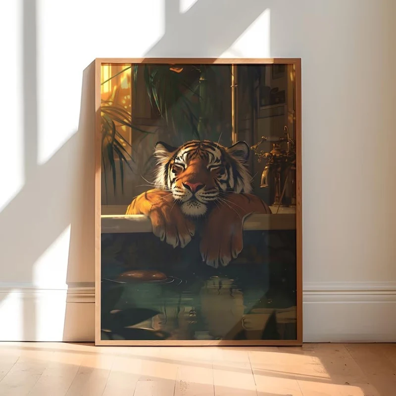 

Максималистское настенное искусство, изображение тигра в ванной, феминистский декор для стен, цифровое настенное искусство, красочный постер, модный постер