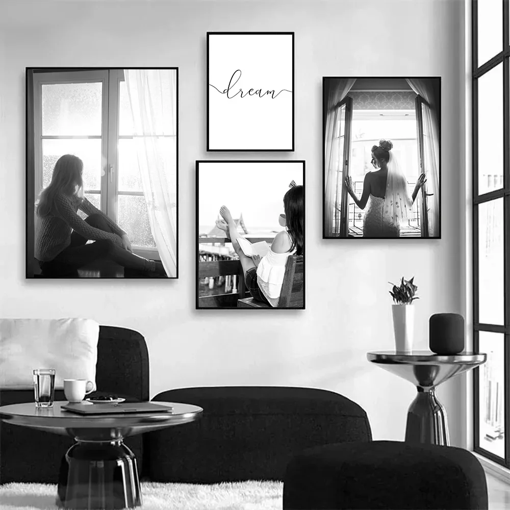 

Fashion Girl Canvas Poster Painting Black and White Window Wall Art Nordic Posters And Prints Wall Pictures Bedroom Decoration