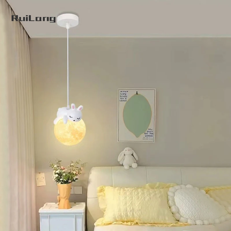 

Cartoon Rabbit Moon Chandelier Kids Room Girl Boys Bedroom Bedside Pendant Light White Decor Nursery Baby Children Hanging Lamp