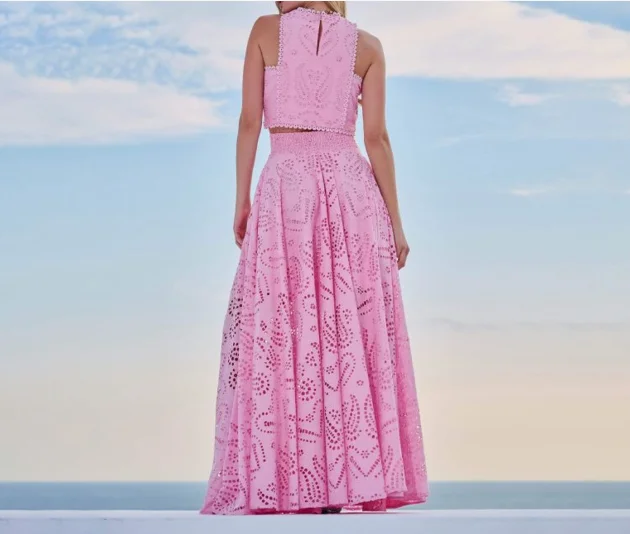 Sleeveless Embroidered Hollowed Out Vest Top Lace Long Skirt Vacation Set New Fashion 2025 Summer Casual Womens Two Piece Sets