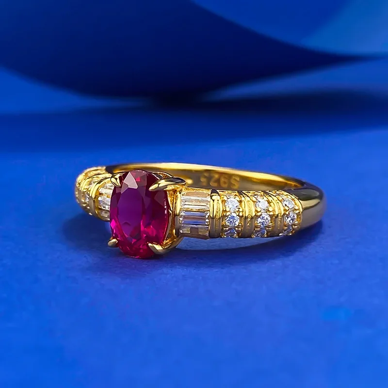 New S925 sterling silver imperial oval pigeon blood red pigeon egg ring fashionable, simple and versatile wedding jewelry