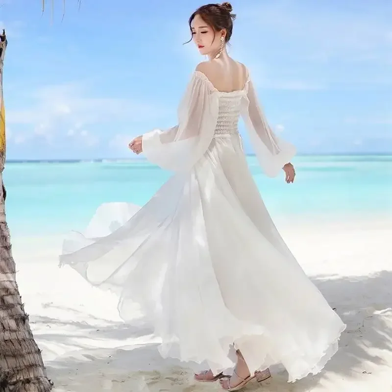 Jurken voor dames zomer nieuwe chiffon off-shoulder jurk witte jurk vestido de mujer