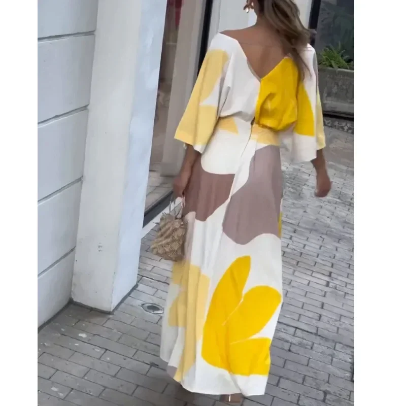 Abito da donna a vita alta con scollo a V Abaya a maniche corte sexy senza schienale per donna Abito lungo estivo con stampa floreale Boho Chic Abito elegante