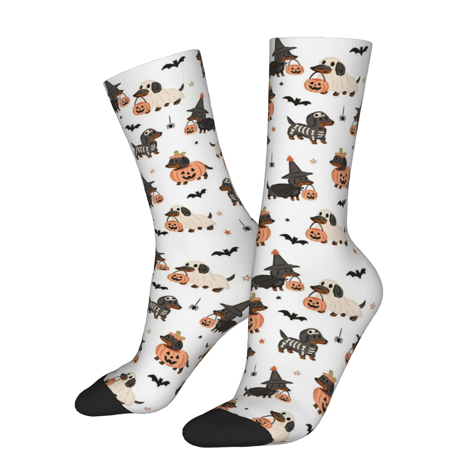 Winter Warm Casual Unisex Halloween Dachshund Dog Socks Bat Pumpkin Sweat Absorbing Crew Socks