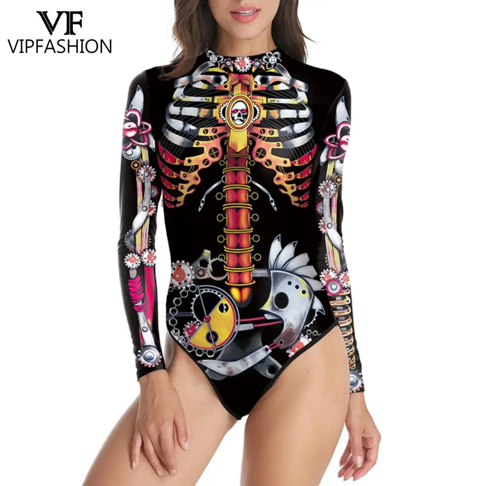 VIP FASHION Punk Women Sexy Bodysuits Fashion One Peice Ladies Long Sleeve Swimsuit 3D Print Zentai Suit Cosplay Party Costume