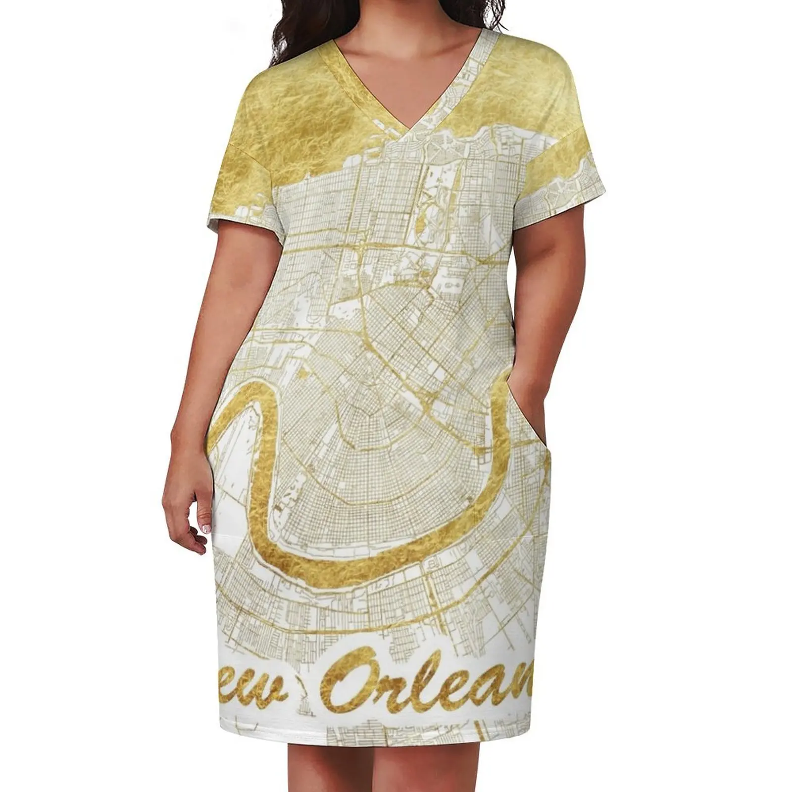 New Orleans Map Gold Loose Pocket Dress women