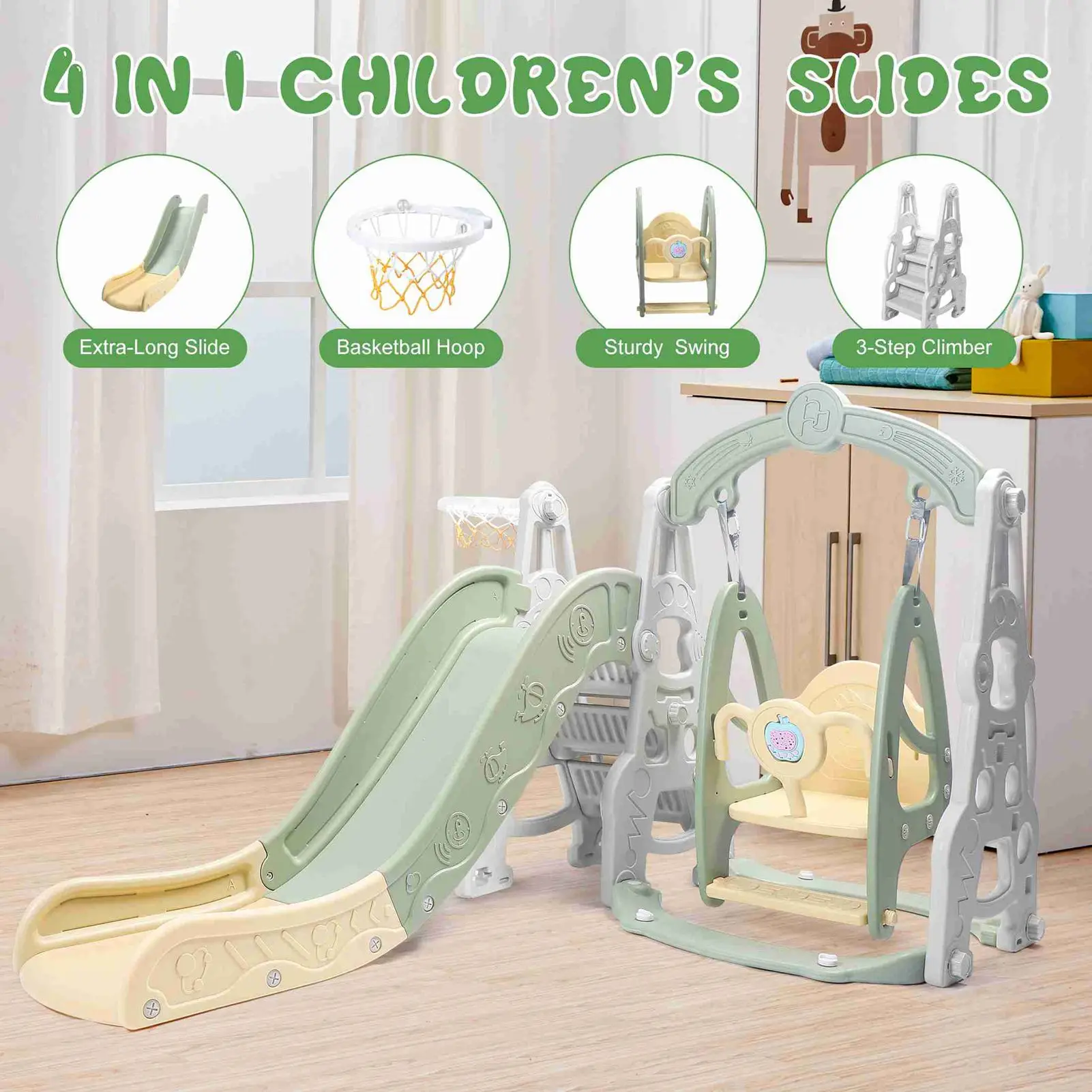 4 in 1 Slide  Fully Enclosed Pedal Enhanced Safety Easy Set Up Playground Slide Swing Playset Green Outdoor Swing with Slide
