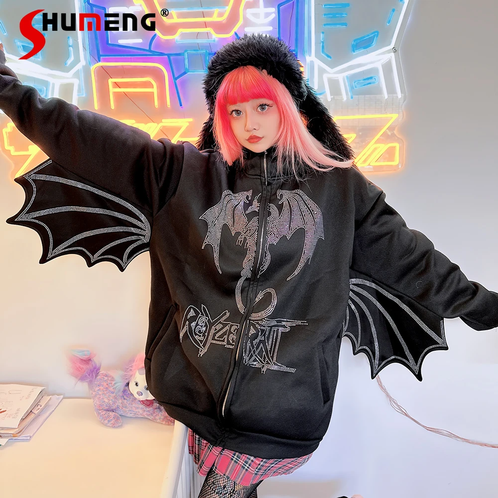 Japanese Punk Subculture Harajuku Y2K Hoodie Top Dark Diamond Bat Long Sleeve Hooded Sweatshirts Women Winter Cool Couple Jacket