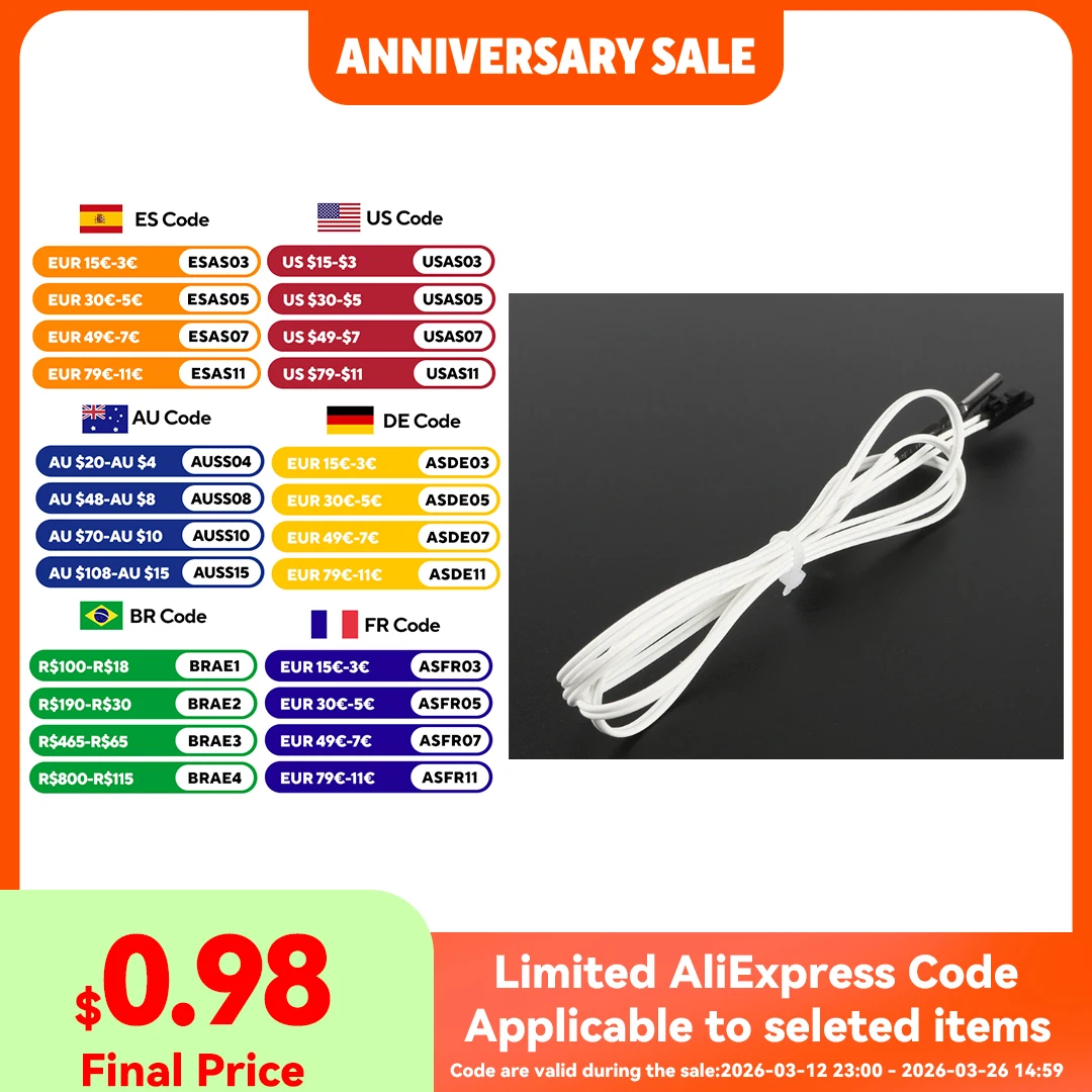 

5 шт. термисторных датчиков температуры HT-NTC100K, 1 м, для 3D-принтеров, до 350 градусов, для экструдера Prusa i3 MK2S/MK3/MK3S Hotend