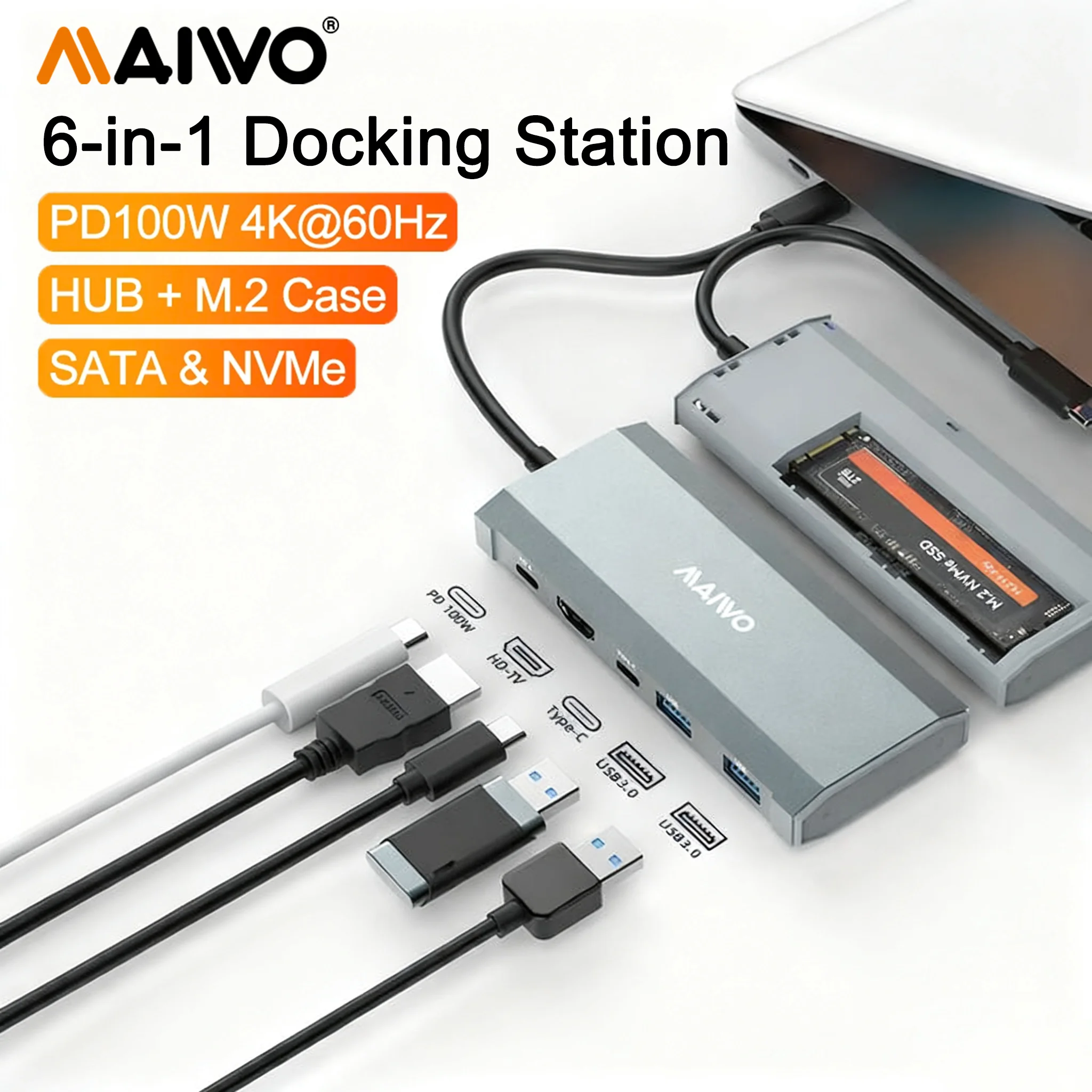 

MAIWO 6-в-1 USB C M.2 NVME SATA Корпус для жесткого диска с двумя протоколами Док-станция Внешний SSD-корпус без инструментов Адаптер-концентратор Type-C