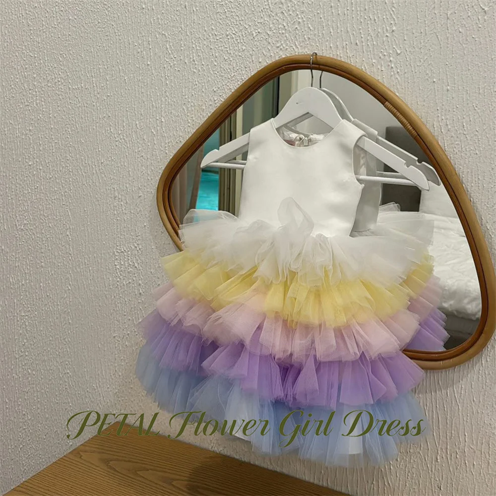 Petal Cream White and Flower Girl Dress Rainbow Gradient Baby Kids Birthday Dress Round Neck Sleeveless Pageant Dress for Girl
