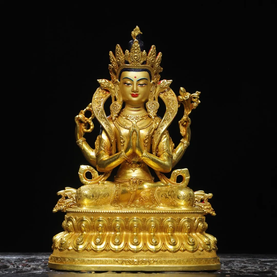Old Bronze Gilded Painted Face Four armed Guanyin Sitting Buddha Lotus Buddha  Terrace Worship Hall Town house