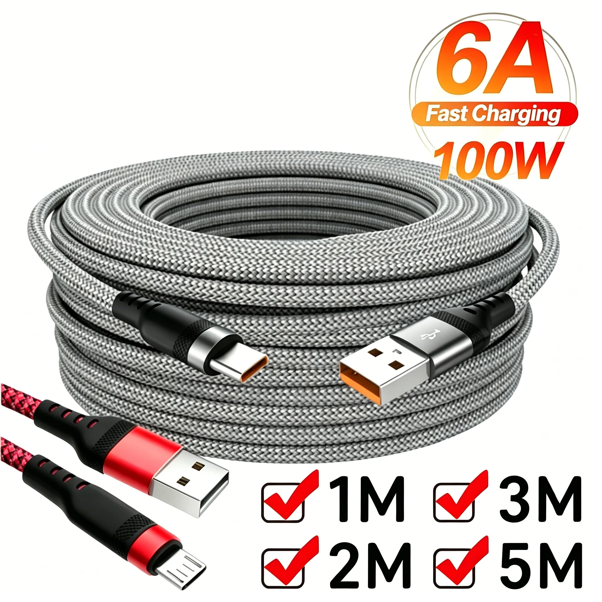 Extra Long 6A Quick Charge USB Type-C Extension Data Line Durable Thickened Wire Fast Charging for Xiaomi POCO iPhone VIVO USB-C
