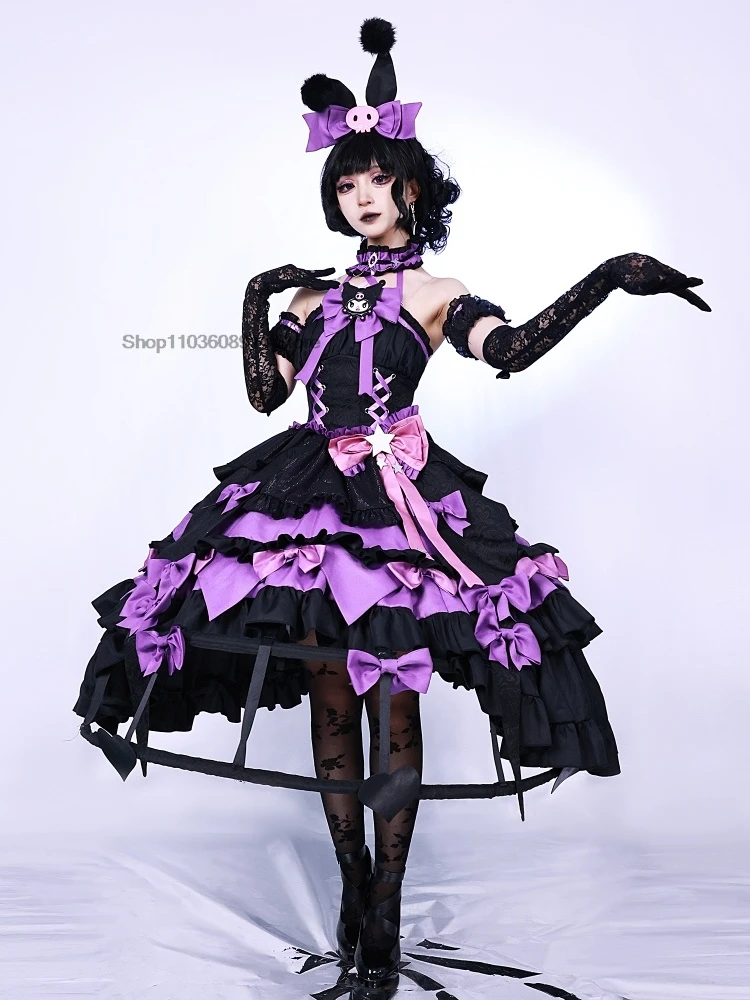 In Stock Bloody Queen Kuromi Cosplay Costume Identity V Black Lolita Gothic Long Dress Full Set Wig Halloween Xmas