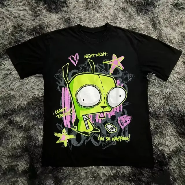 Spring and Summer Girls' Dark Style Cartoon Retro Invader Printed Individual Casual Street Fashion Short Sleeve Top