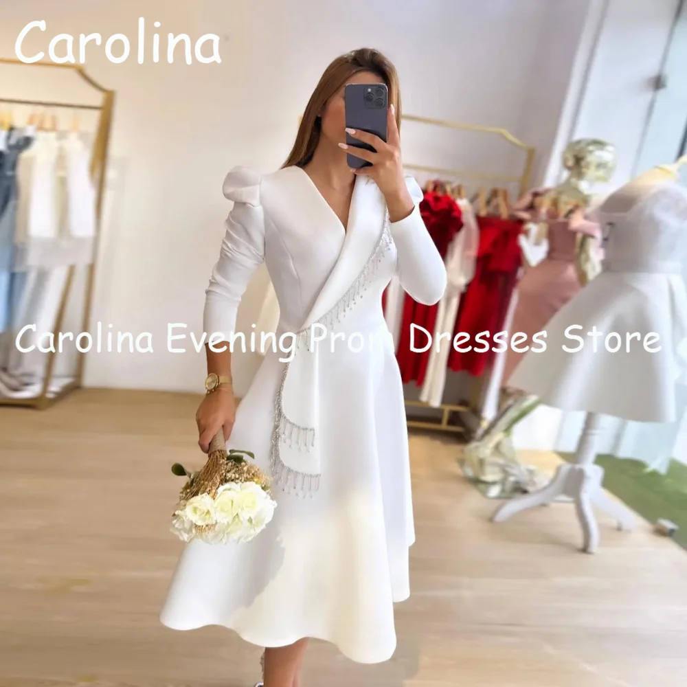 Carolina Satin A-line V-neck Ruffle Arab Popular Prom Gown Tea Length Saudi Evening Formal Elegant Party Dress for Women 2023