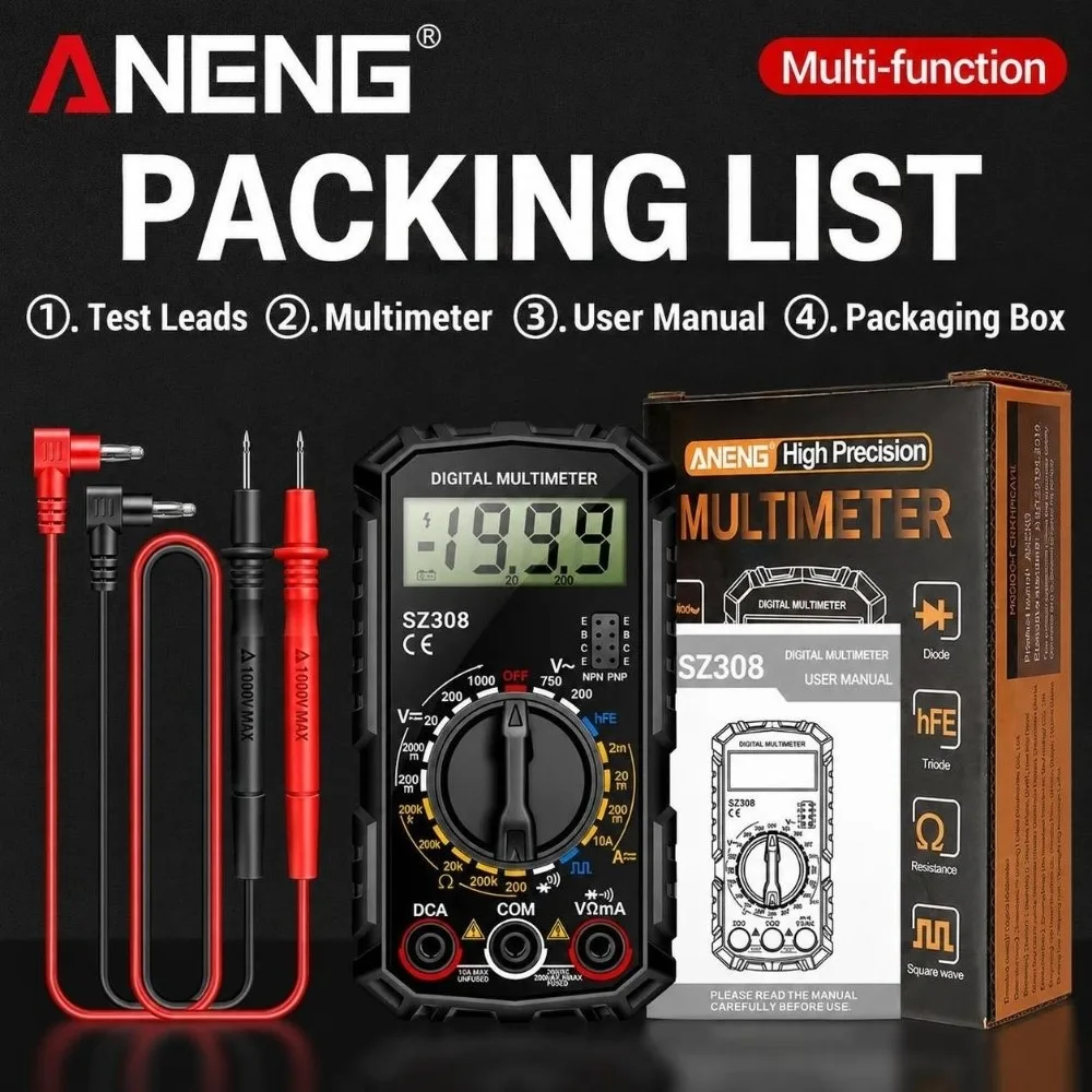 Multi Function 1999 Counts Digital Multimeter Auto Range HFE Test AC DC Multimeter Buzzer Square Wave Auto Range Multimeter