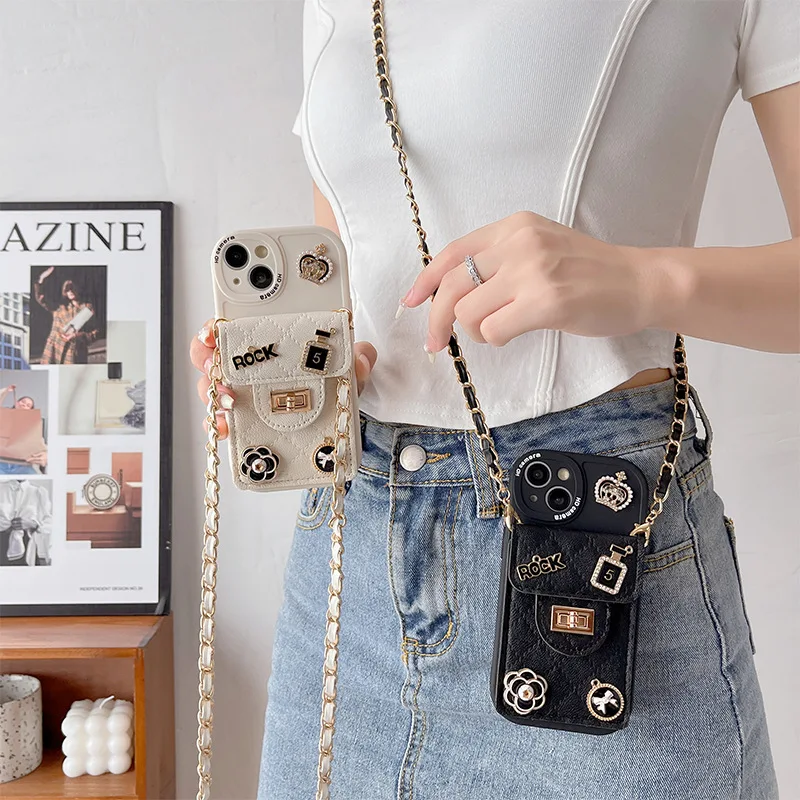 حافظة بحزام متقاطعة مع الجسم لهاتف آيفون ، ألماس ، لؤلؤ ، تاج ، كاميليا ، زهرة ، حقيبة بطاقات ، غطاء لهاتف آيفون 16 ، 15 ، 14 ، 13 ، 12 ميني ، 11 برو ، XS ماكس ، XR ، X Plus