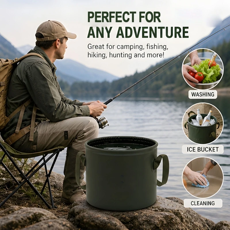 Camp Utility Bucket for Water Carry and Produce Washing, PVC Outdoor Pail with Wide Mouth and Side Hand Tab Use 24BD