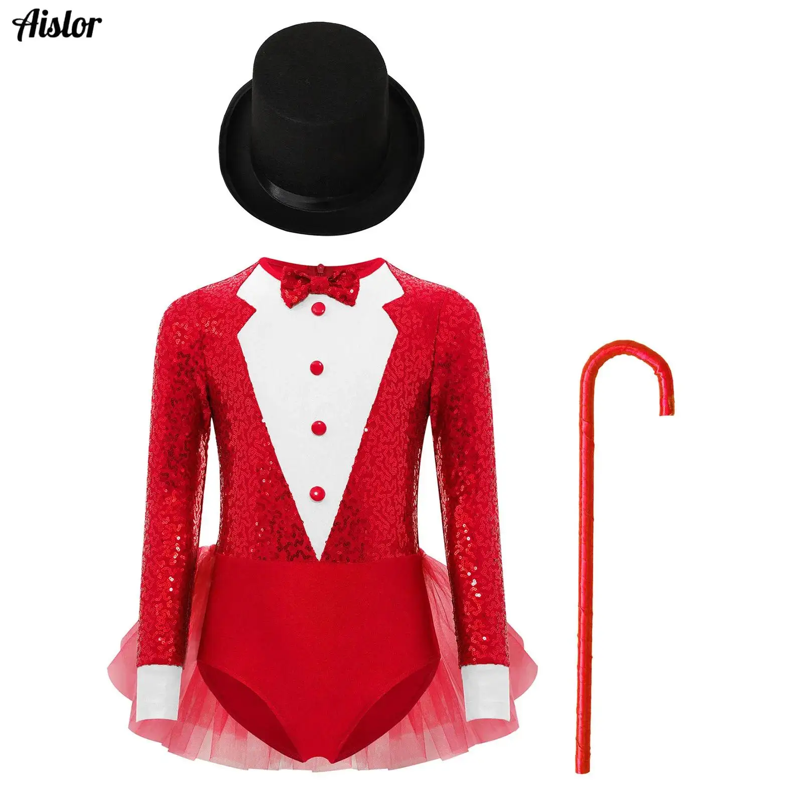 

Kids Girls Jazz Dance Bodysuit Magician Costume Sparkly Sequins Color Block Bodice Tulle Skirted Leotard with Hat and Crutch Set
