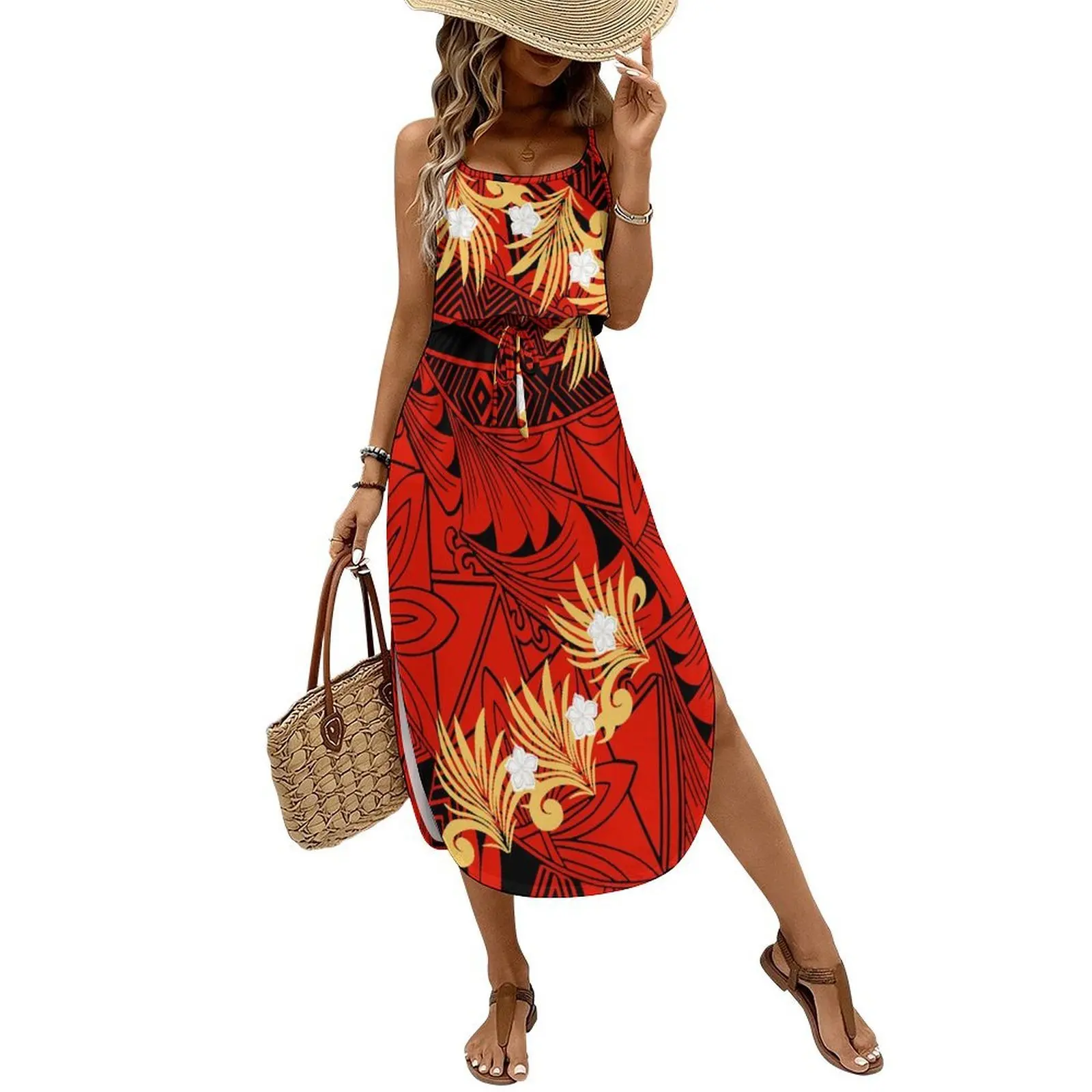 Summer Sleeveless Halter-Neck Fitted Side Slit Skirt For Ladies Polynesian Custom Pattern Printed Casual Comfortable Long Dress