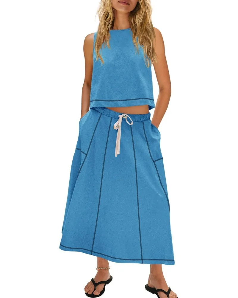 

Новинка 2025, однотонный жилет без рукавов для летних каникул + юбка, комплект из двух предметов с карманом, модный повседневный женский костюм с юбкой