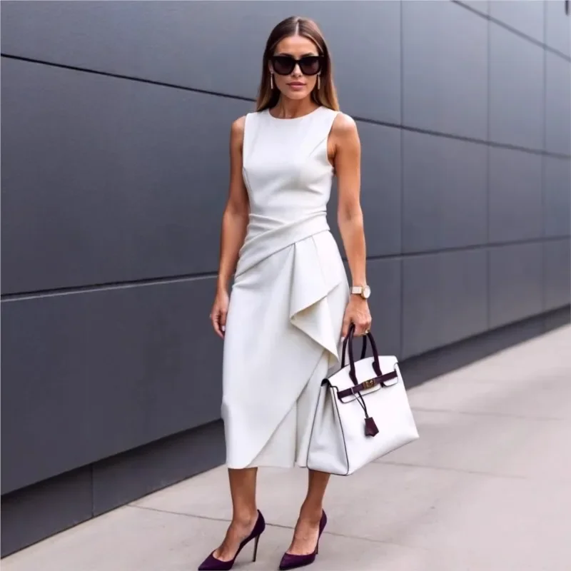 2025 Summer New Fashion Women's Dress Solid Color Waisted Sleeveless Asymmetrical Long Dresses Temperament Office Ladies Commute