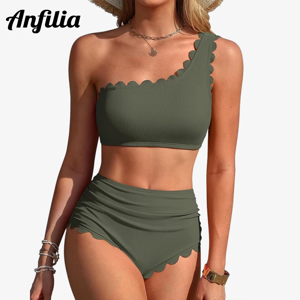 Anfilia Womens One Shoulder Bikini Sets High Waisted Tummy Control Bathing Suits Ribbed Scalloped Two Piece Swimsuit