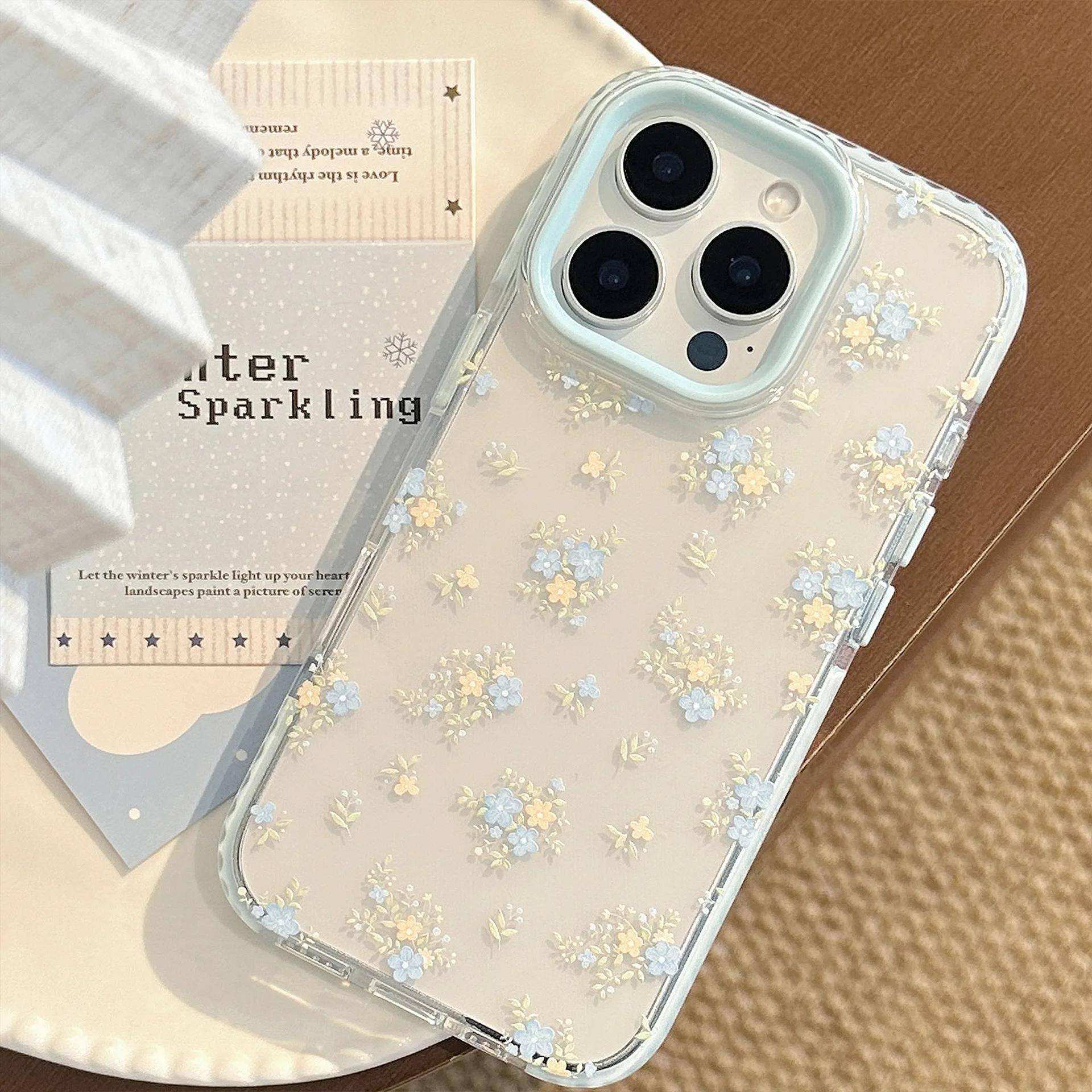 Koreanische blaue gelbe Blumen weiche Handyhülle für iPhone 16, 15, 14, 13, 12, Pro Max, transparent, klar, stoßfest, schützende Rückseite