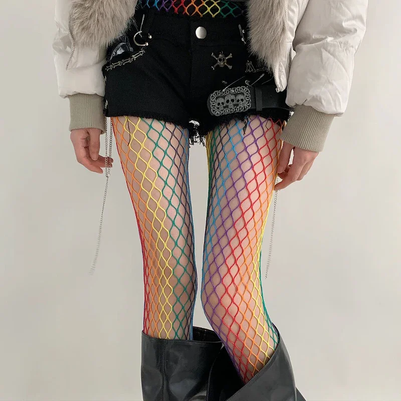 Ausgehöhlte Bunte Damen-Netzstrümpfe Dünne Y2K Subkultur Regenbogen-Lochmuster Mädchen Netzstrumpfhosen JK Goth Street Club Strümpfe – Detail 5