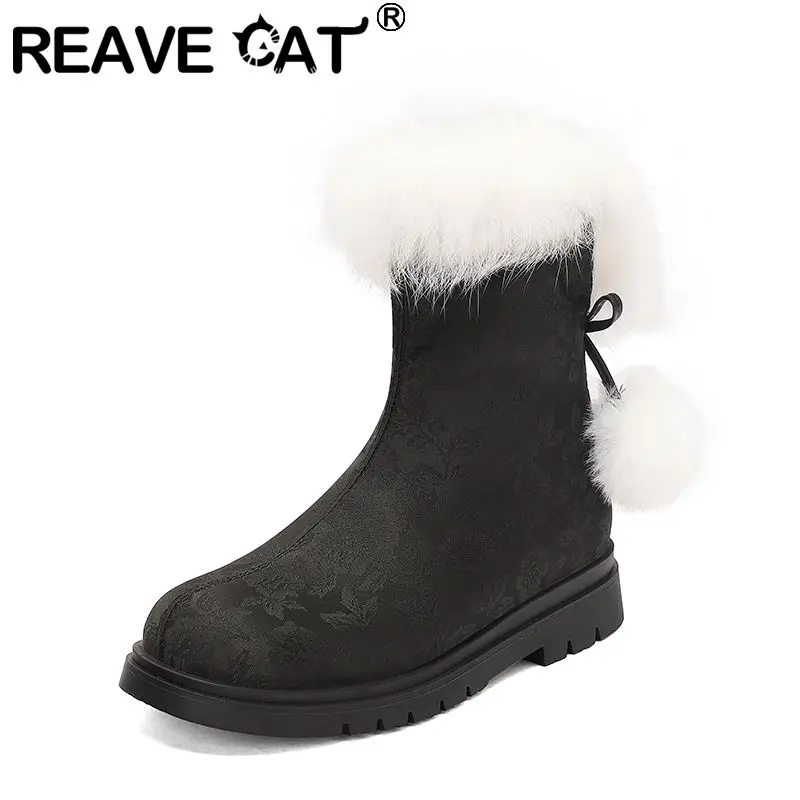 

REAVE CAT Black Warm Women Mid Calf Boots Round Toe 2.5cm Lowe Heels Large Size 41 42 43 Zipper Flower Non Slip Daily Girls Bota